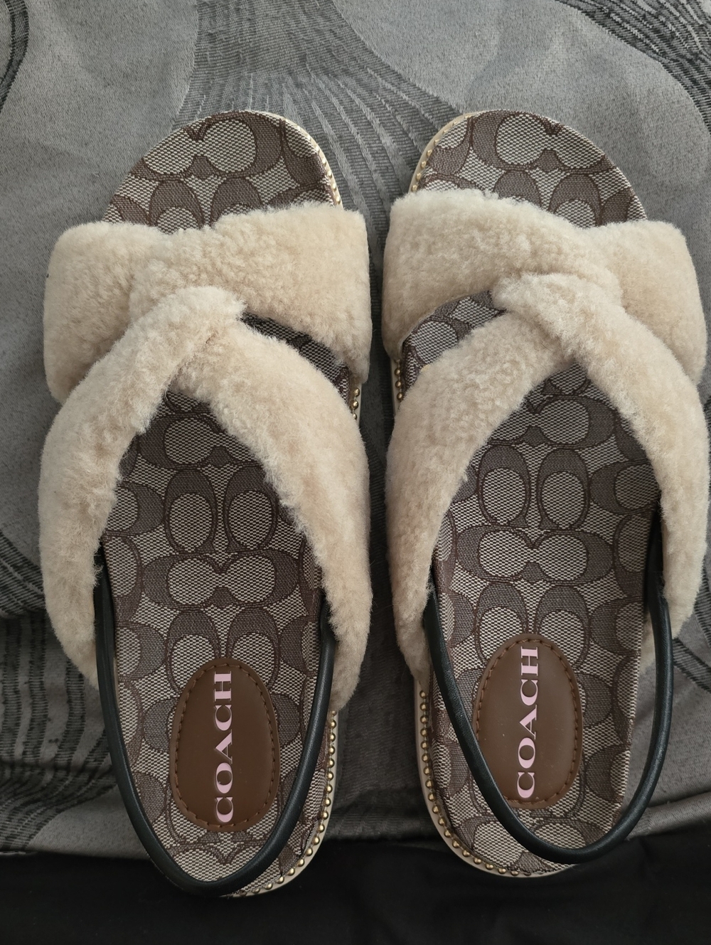 Coach Beige Shearling Cross-Strap Logo Slide Sandals - Picture 1 of 4